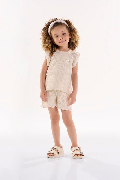 Conjunto Infantil para Meninas em Tricô com Blusa e Shorts (Off White) Up Baby