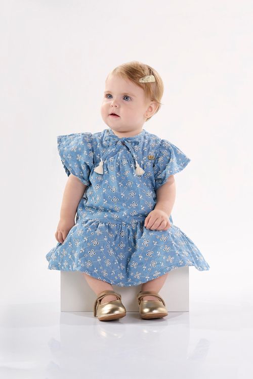 Vestido para Bebê em Tecido Laise Forrado (Azul) Up Baby