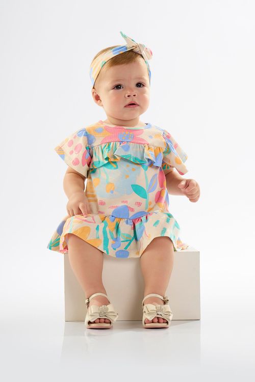 Vestido e Faixa de Cabelo para Bebê em Cotton (Azul) Up Baby