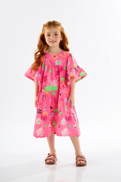 Vestido Infantil Estampado em Meia Malha (Rosa) Up Baby