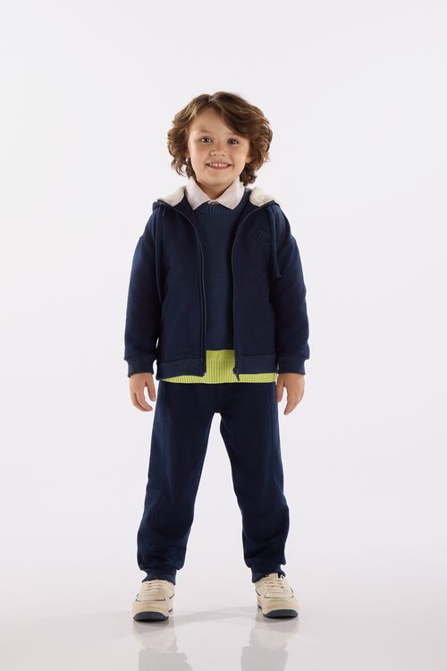 Conjunto Infantil Masculino em Moletom com Capuz Forrado (Azul Marinho ) Up Baby