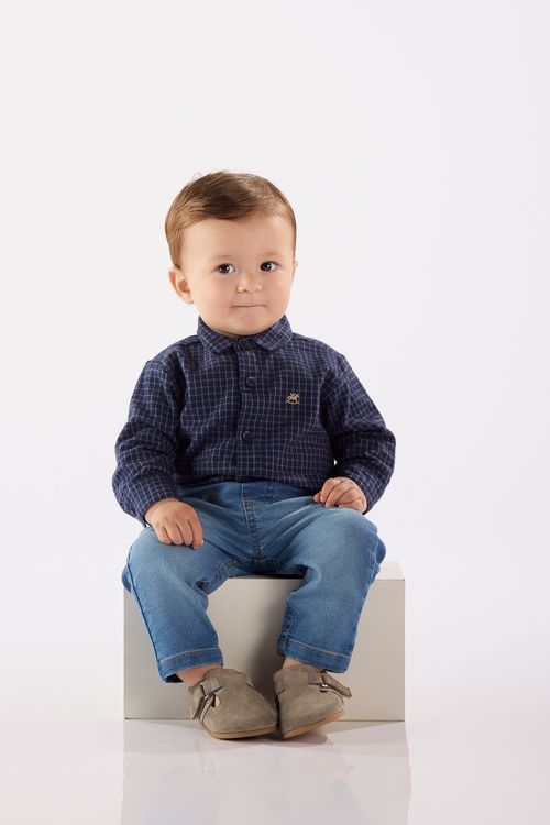 Body Camisa para Bebê Menino em Flanela Xadrez (Azul ) Up Baby