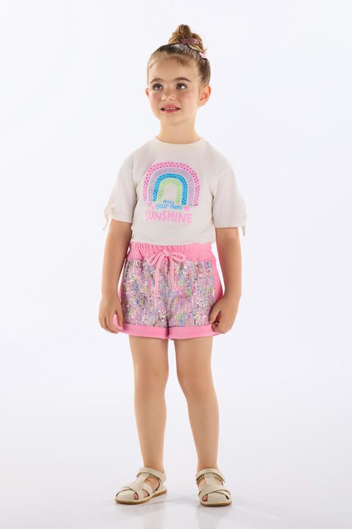 Conjunto Infantil Feminino Blusa e Short com Paetê (Off White) Up Baby