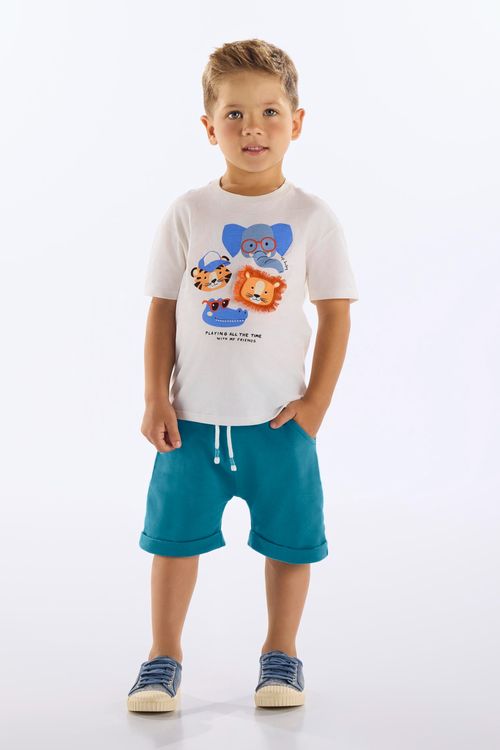 Conjunto Infantil Masculino com Camiseta Animais e Bermuda (Off White) Up Baby