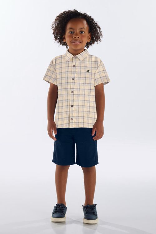 Conjunto Infantil Masculino com Camisa Xadrez e Bermuda (Bege) Up Baby