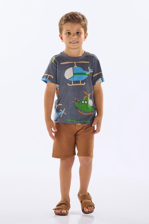 Conjunto com Camiseta Helicópteros e Bermuda Infantil Masculino (Cinza Escuro) Up Baby