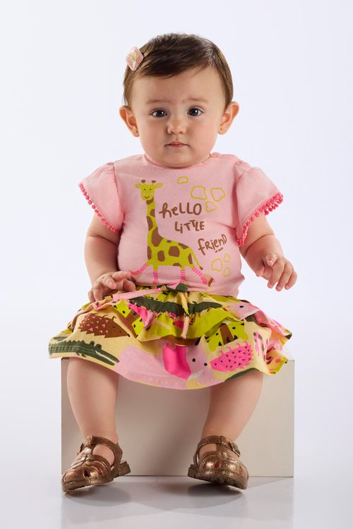 Conjunto com Body e Saia Bichinhos para Bebê Menina (Rosa Claro) Up Baby