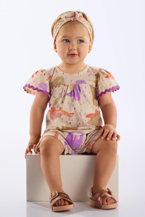 Macaquinho e Faixa Dino para Bebê Menina (Bege) Up Baby