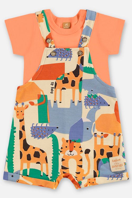 Conjunto com Jardineira Bichinhos e Body para Bebê Menino (Laranja) Up Baby