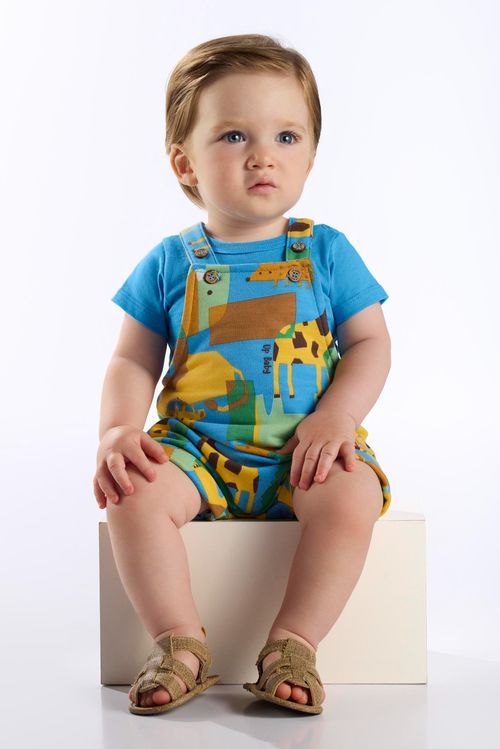 Conjunto com Jardineira Bichinhos e Body para Bebê Menino (Azul) Up Baby