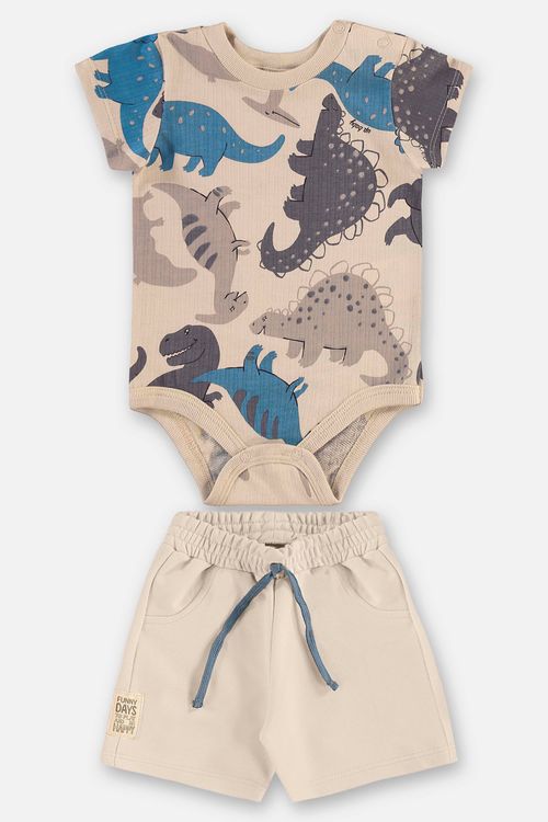 Conjunto com Body Dino e Bermuda para Bebê Menino (Bege) Up Baby