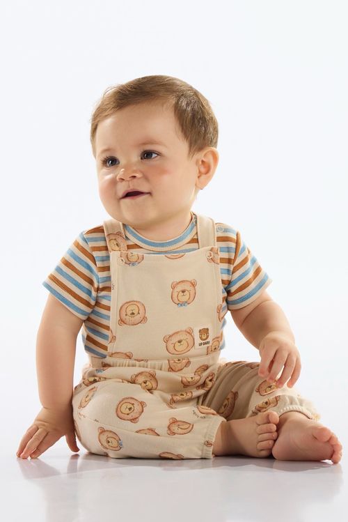 Conjunto com Jardineira Ursinho e Body Listrado para Bebê Menino (Marrom) Up Baby