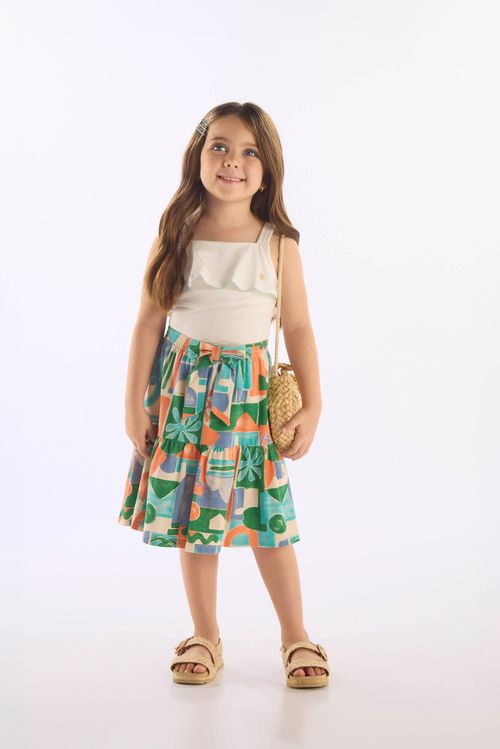 Conjunto Infantil com Blusa e Saia Midi em Algodão (Off White) Up Baby