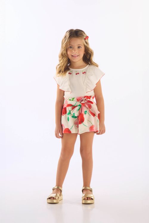 Conjunto Infantil Feminino com Blusa e Short Cereja (Off White) Up Baby