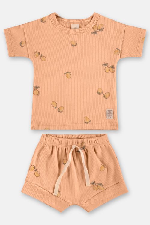 Conjunto Bebê Unissex Blusa e Short em Ribana Nature (Marrom) Up Baby