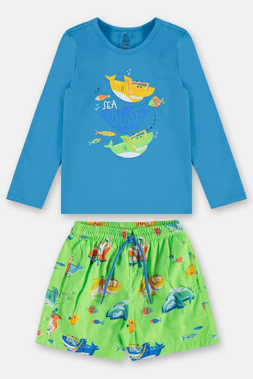 Conjunto de Praia Infantil com Camiseta FPS+50 e Short (Azul Claro) Up Baby