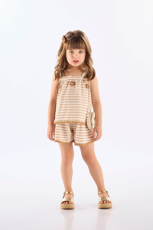Conjunto Infantil Feminino com Bata e Short Listrado (Bege) Up Baby
