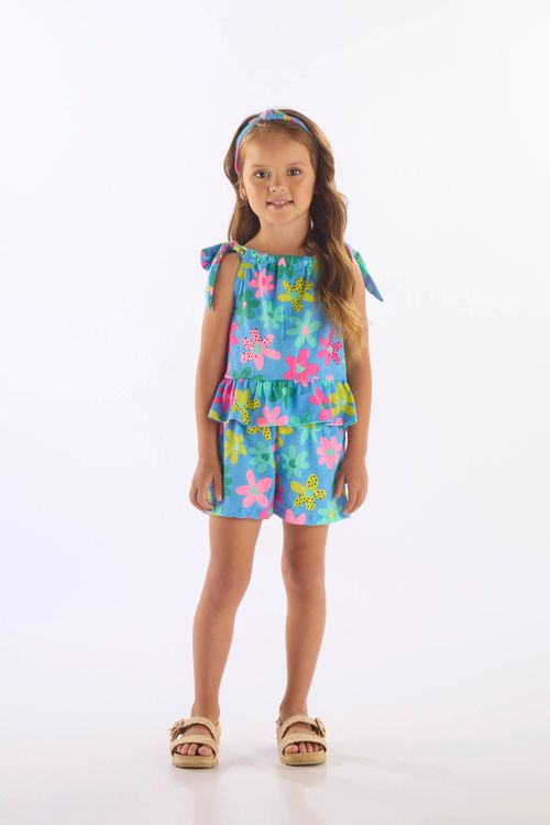 Conjunto Infantil Bata e Short Algodão Floral (Azul) Up Baby