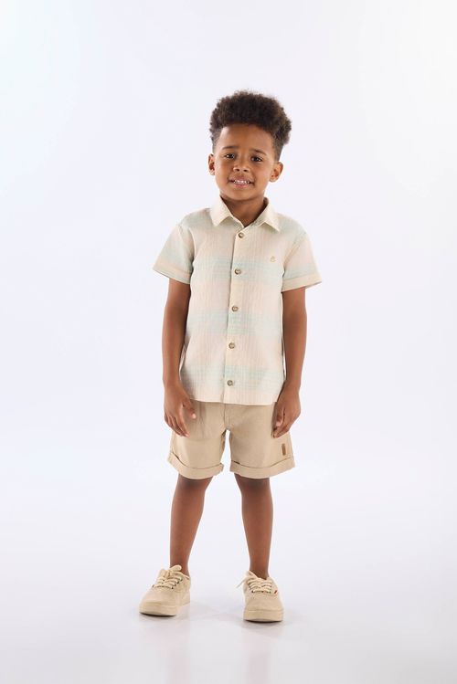 Conjunto Infantil com Camisa Xadrez e Bermuda com Linho (Cinza) Up Baby