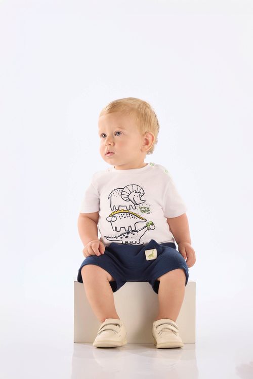 Conjunto Camiseta Dinos e Bermuda para Bebê Menino (Branco) Up Baby