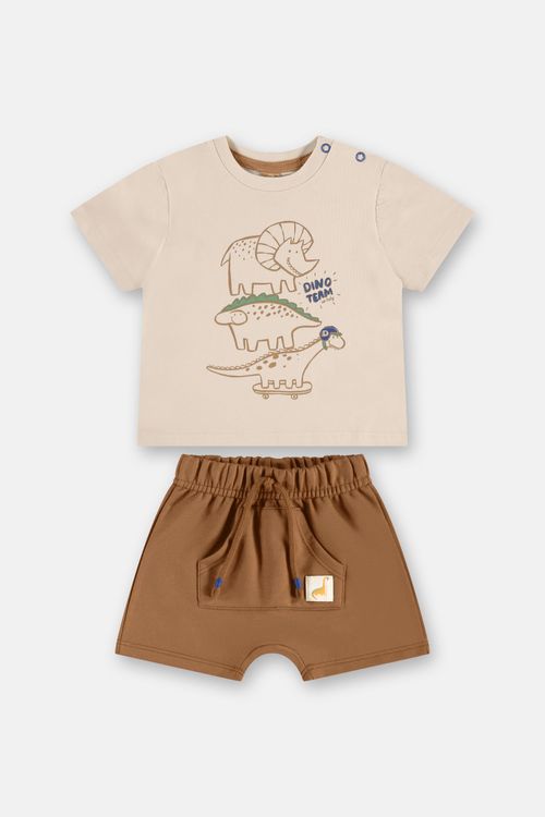 Conjunto Camiseta Dinos e Bermuda para Bebê Menino (Bege) Up Baby