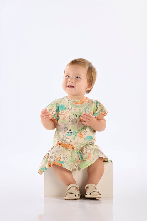 Vestido para Bebê em Algodão Estampado (Off White) Up Baby