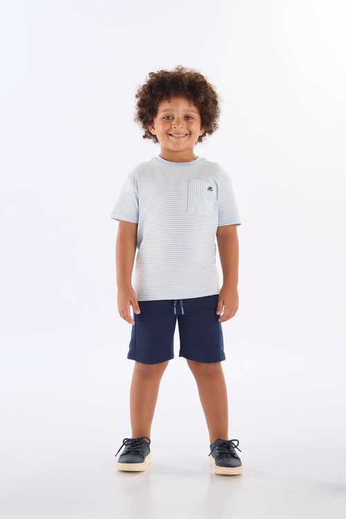 Conjunto Infantil Masculino com Camiseta Listrada e Bermuda (Azul) Up Baby